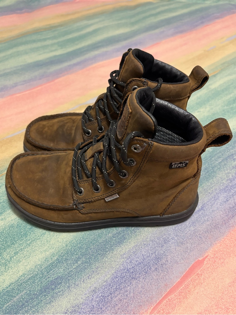 Lems Boulder Waterproof WP Weathered Brown Leather Umber Boots women’s size 7.5